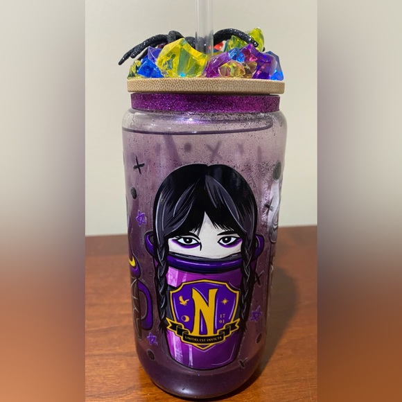 Wednesday Addams Liquid Glitter 16oz Glass Tumbler NWT Handmade - Picture 2 of 6